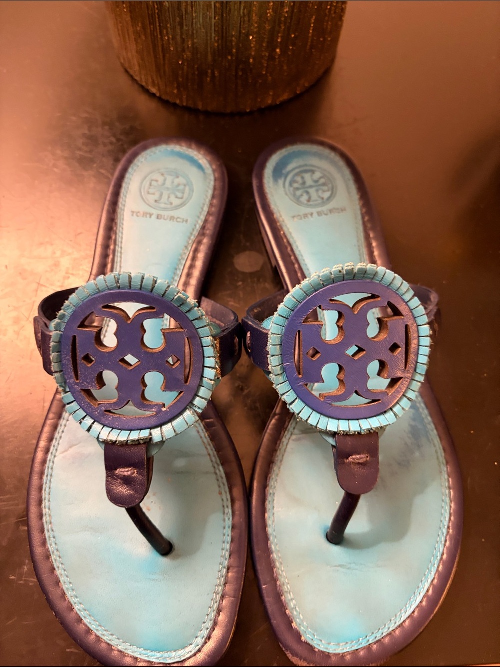 Tory Burch Turquoise and Navy Logo Thong Sandals